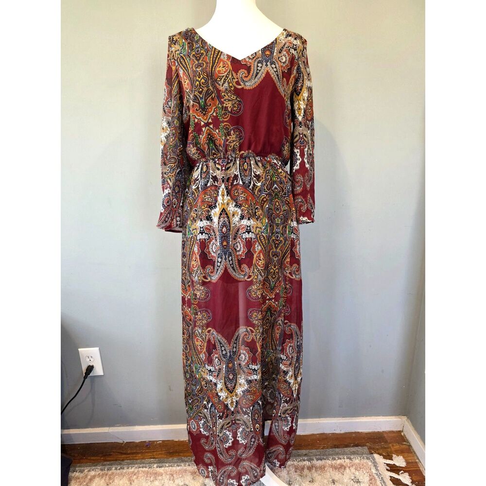 Chiffon Paisley Maxi Dress, M. Feminine Flowy Boho Hippie Sheer Festival Summer